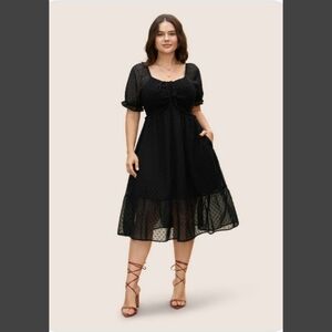 New Polka Dot Textured Mesh Shirred Drawstring Dress Black